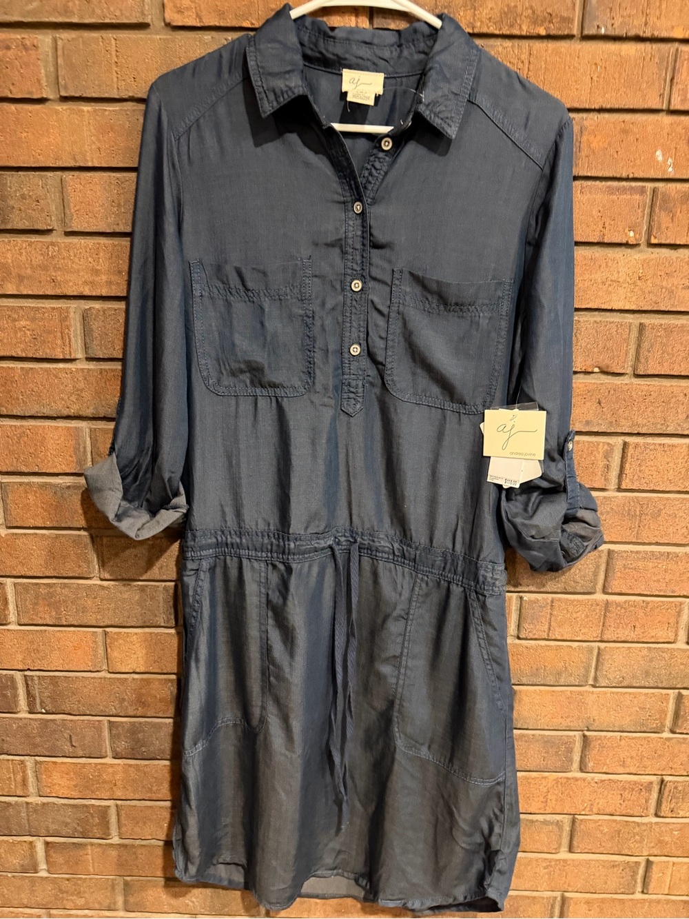 100% Tencel Andrea Jovine blue denim shirt Dress with Roll-Tab Sleeves NWT small